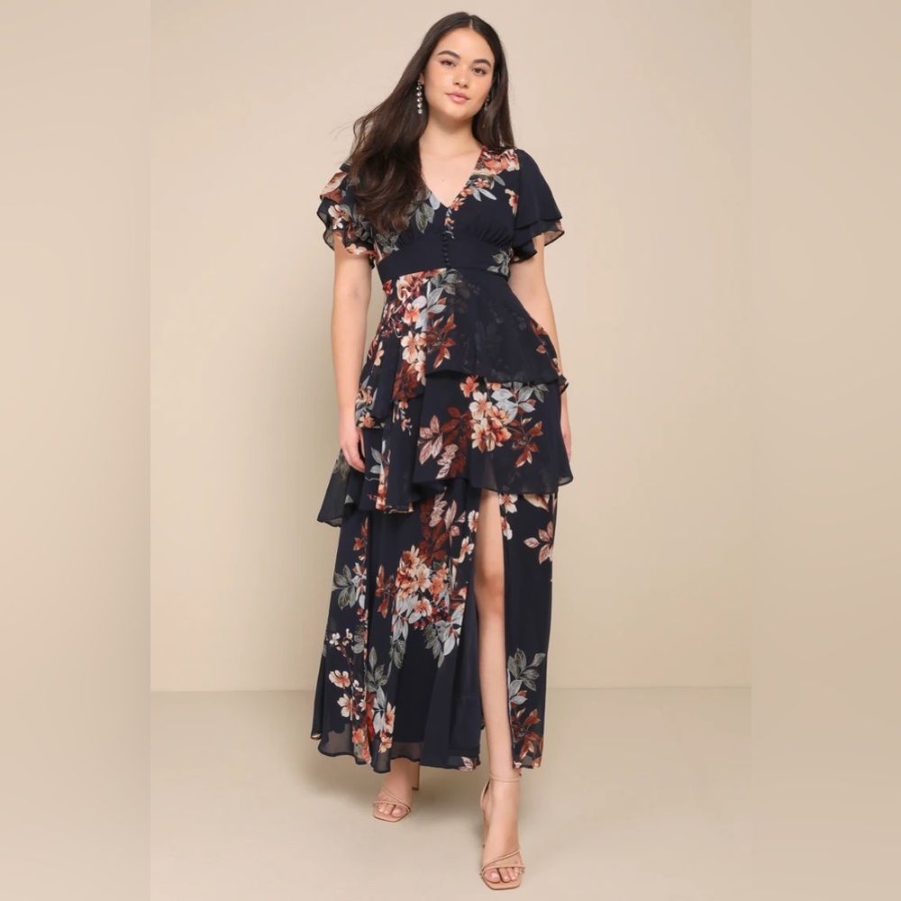 NWT Lulus Midnight Mood Navy Blue Floral Print Tiered Maxi Dress